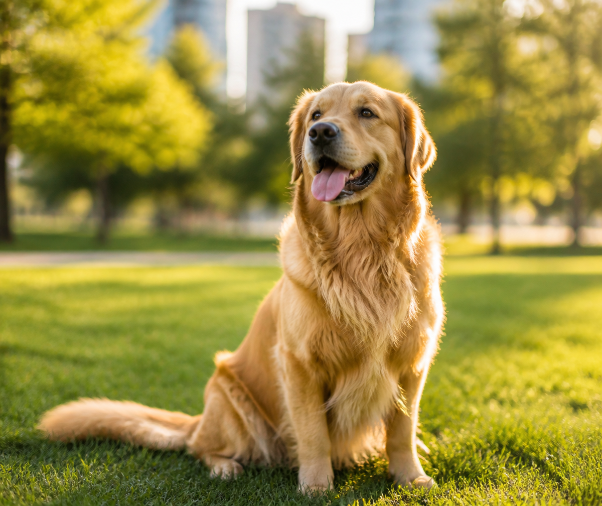 A happy golden retriever enjoying a sunny walk in the park